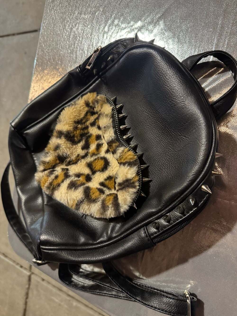 Reworked spiked Grunge Punk Faux Fur Leopard Heart Rivet Studded Mini Backpack